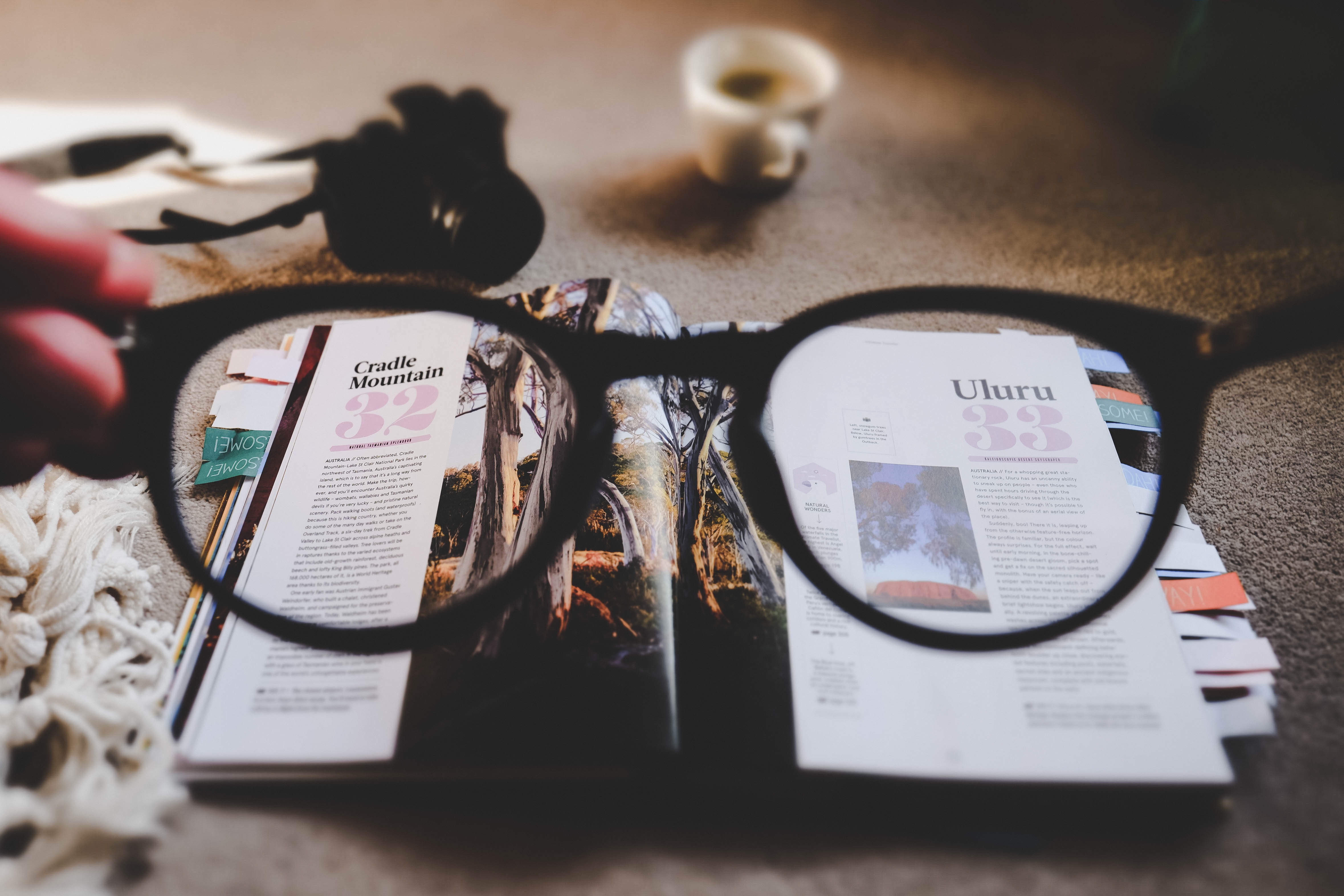 An open magazine showing images and editorial content.